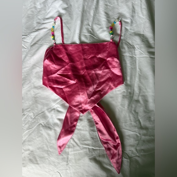 Forever 21 Tops - Forever 21 Pink Satin Tie-Front Camisole with Beaded Straps